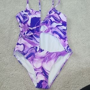 Artistic Purple and White One Piece Swimsuit with High-Leg Cut